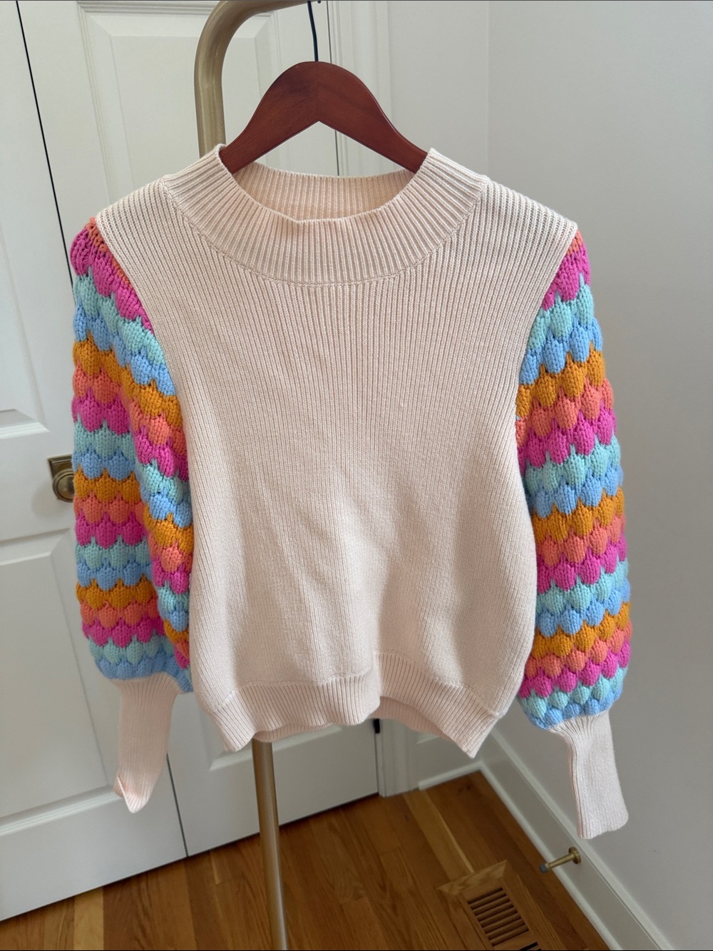 THML Cream Crewneck Sweater with Pink, Blue, and Orange Bubble Sleeves